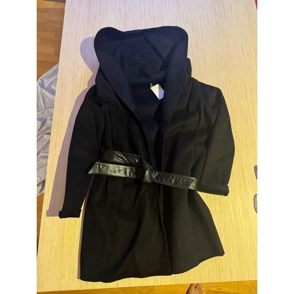 Lauren Ralph Lauren Jackets & Blazers - Lauren Ralph Lauren Black Wool Blend Hooded Wrap Coat Leather Belt 14 NWT 26
